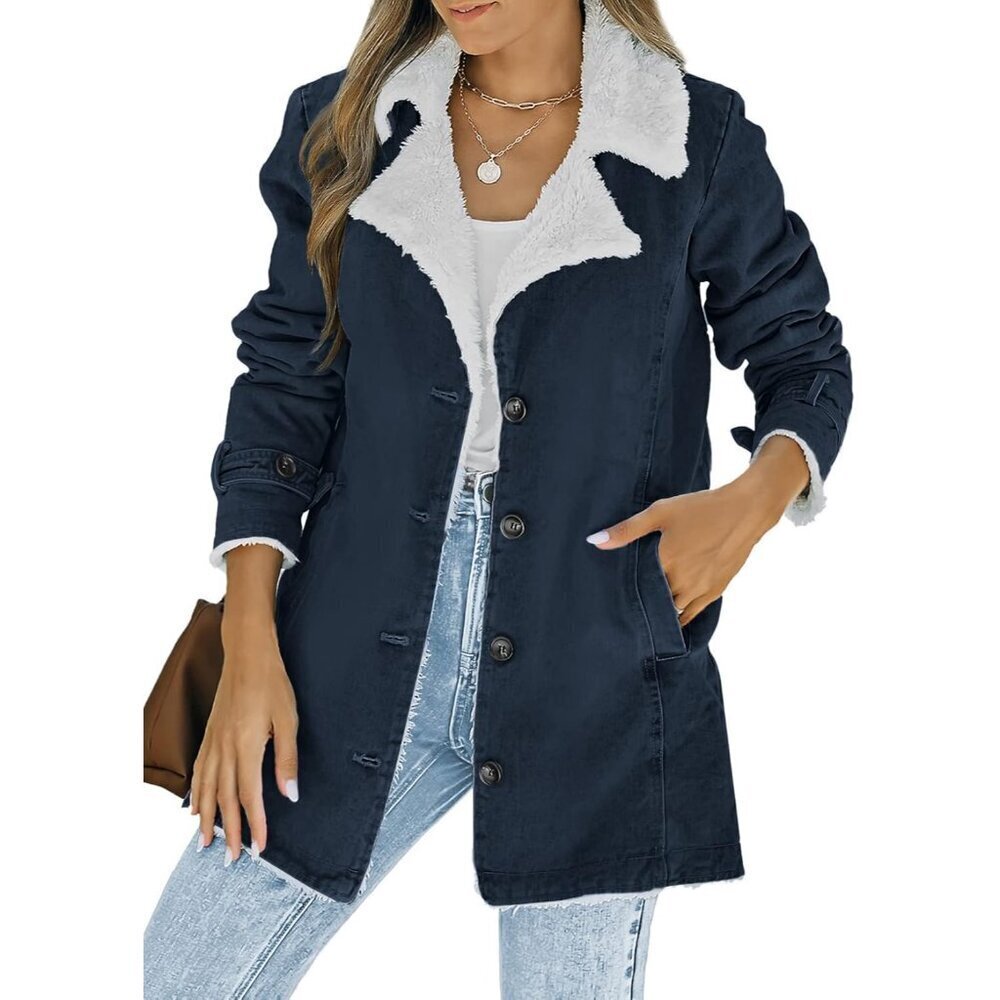 Women's Cotton Sherpa Lined Winter Coat Stand Collar Pockets Plus Size